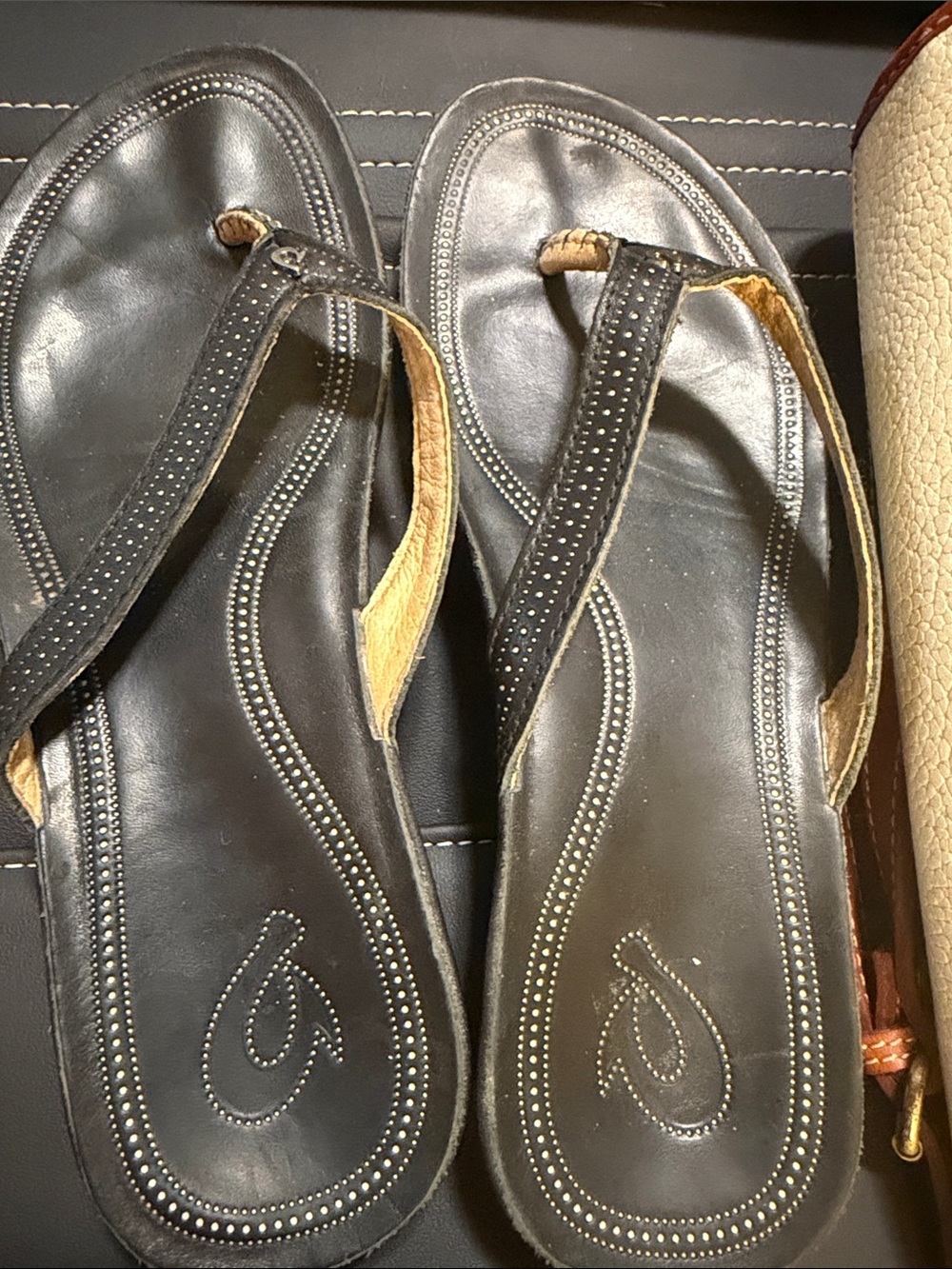 OluKai Black Studded Leather Toe-Post Sandals